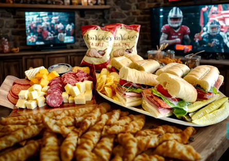 Game Day Bundles with deli sandwiches, chips, wings, and charcuterie spread in front of football game on TV